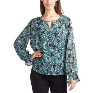 Bcx Women's Floral-Print Smocked-Shoulder Keyhole Top